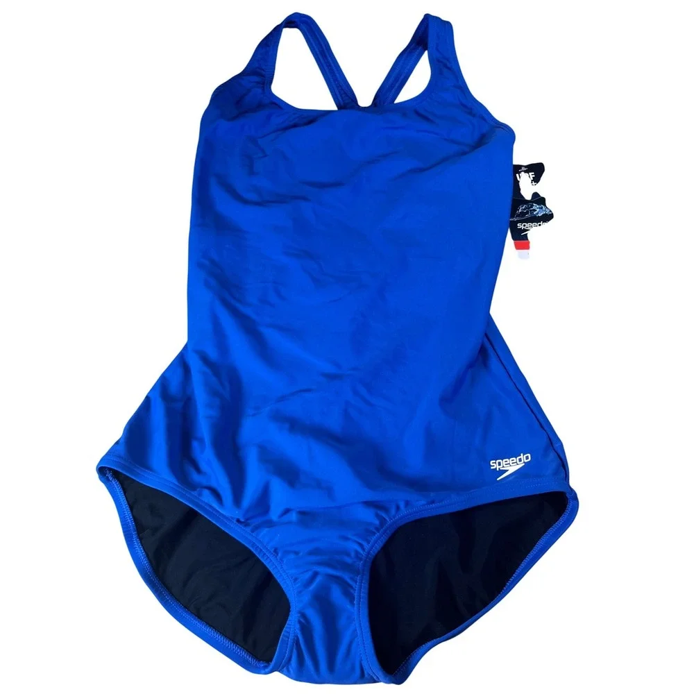 Speedo PowerFLEX Womens One Piece Swimsuit Blue UPF 50+ Racerback Size 10 NEW - Picture 1 of 6